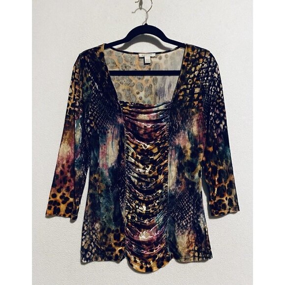 Boston Proper Top Womens Medium Multicolor Animal Print Velvet Ruched Y2K Boho - Picture 1 of 8